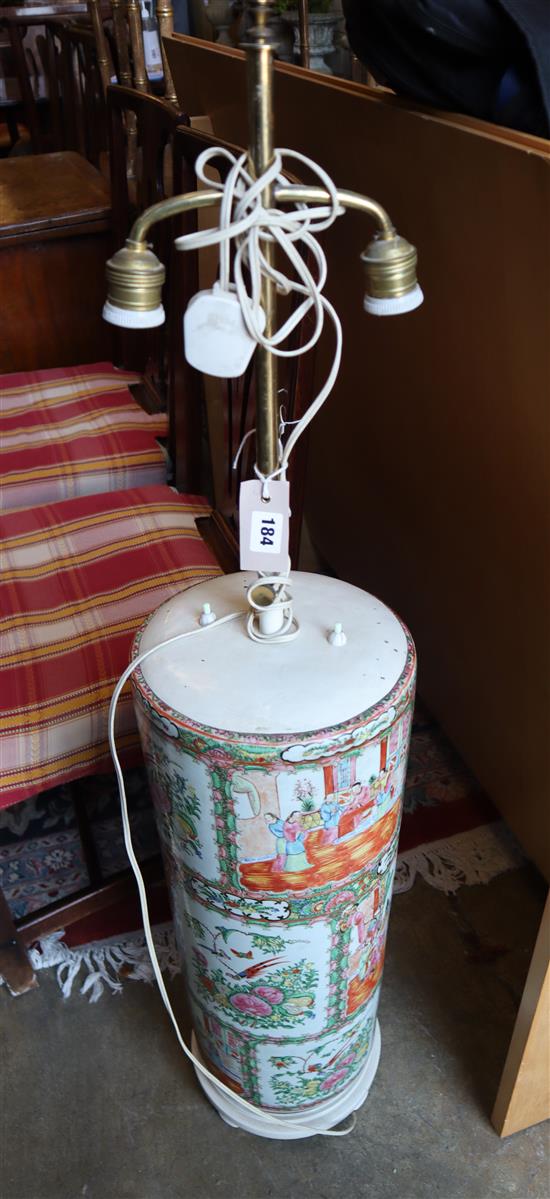 A Cantonese cylindrical famille rose stick and umbrella stand converted into a lamp, approx. 112cm high